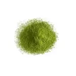 Overhead view of a mound of fine green matcha powder on a white background
