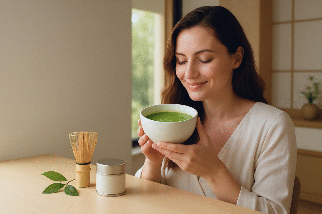 Woman drinking matcha from a marketplace-sourced brand