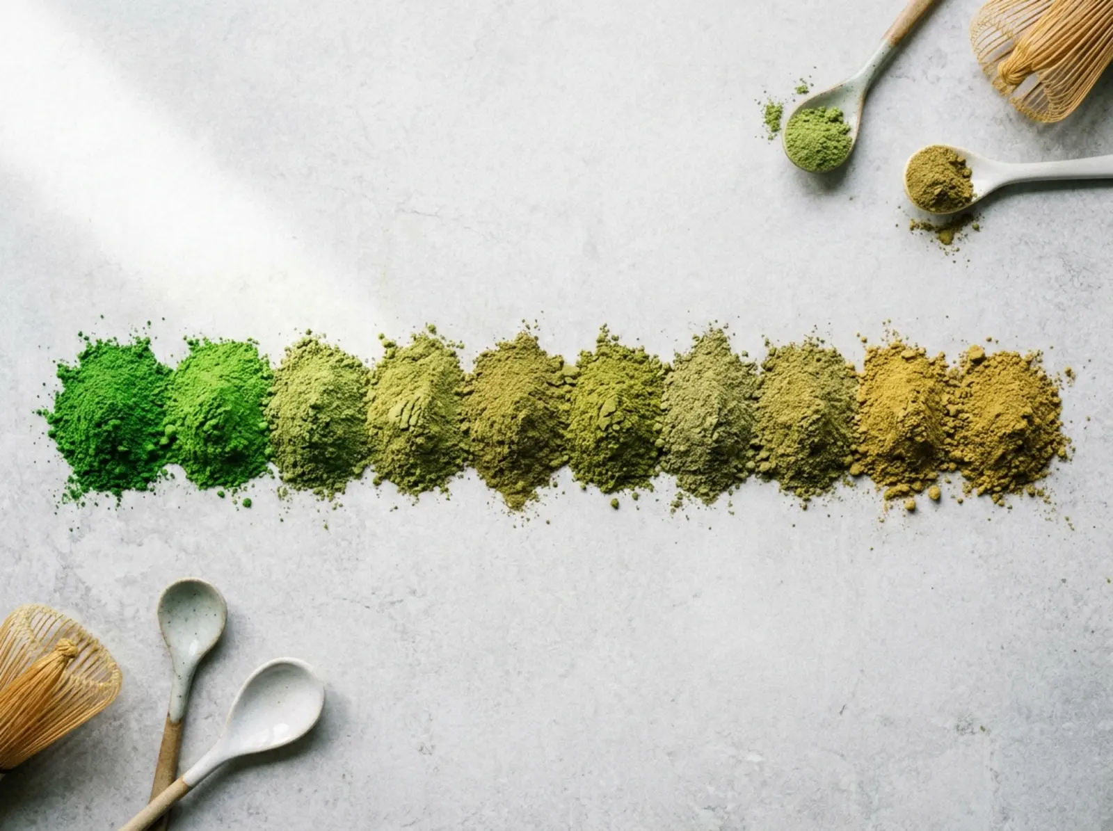 Flatlay of several matcha powders side by side ranging from vivid emerald green to dull olive and yellow-brown