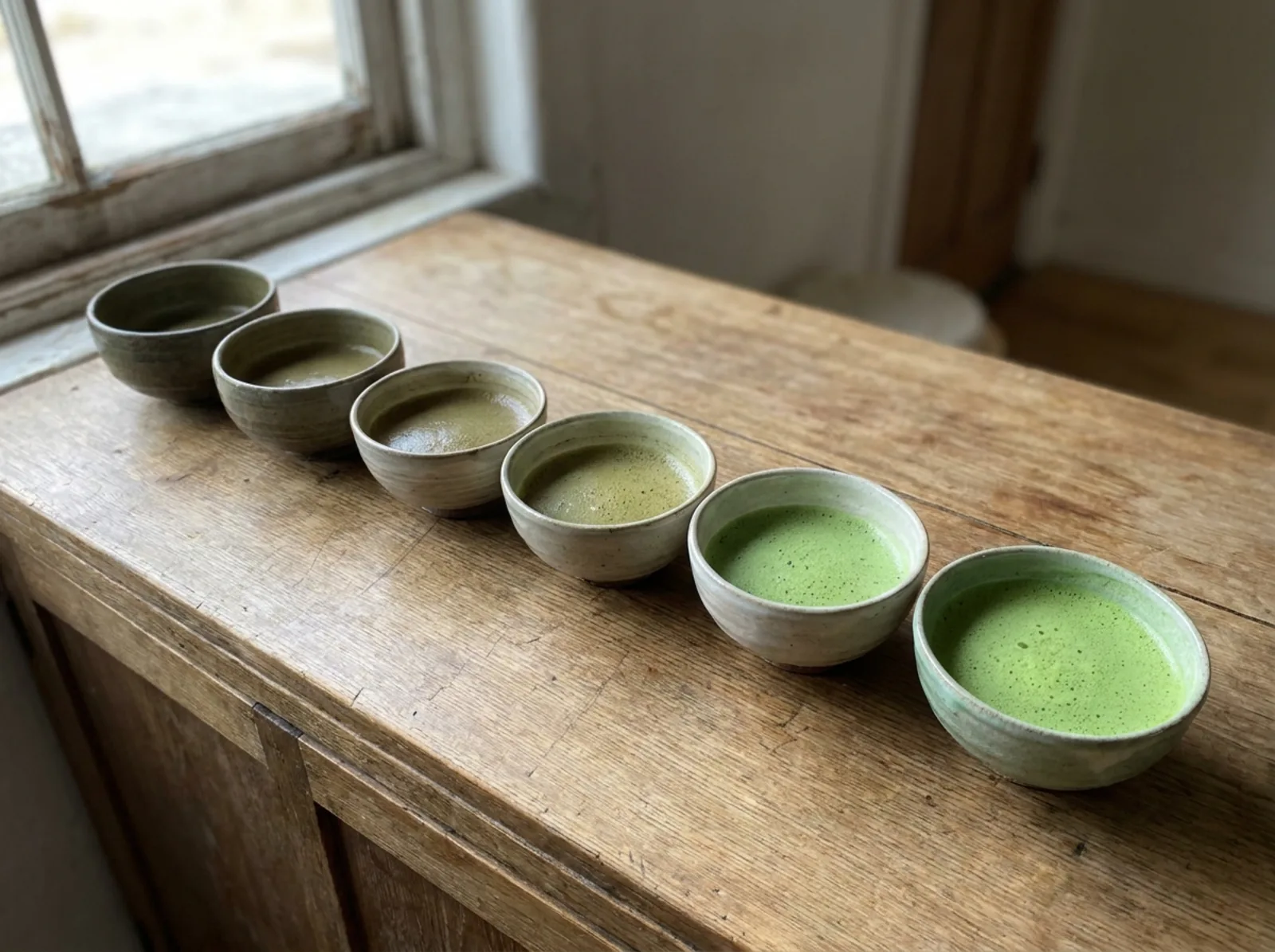 Several bowls of whisked matcha side by side showing color differences from dull olive to vivid jade green