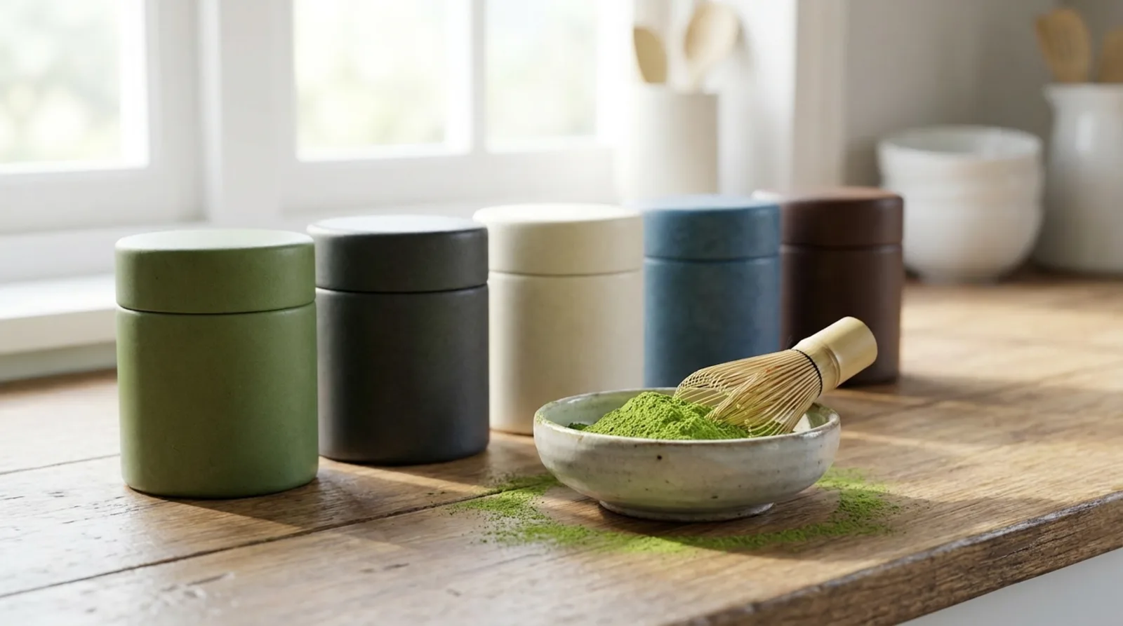 Row of Japanese matcha tins from the best matcha brands lined up on a wooden kitchen counter