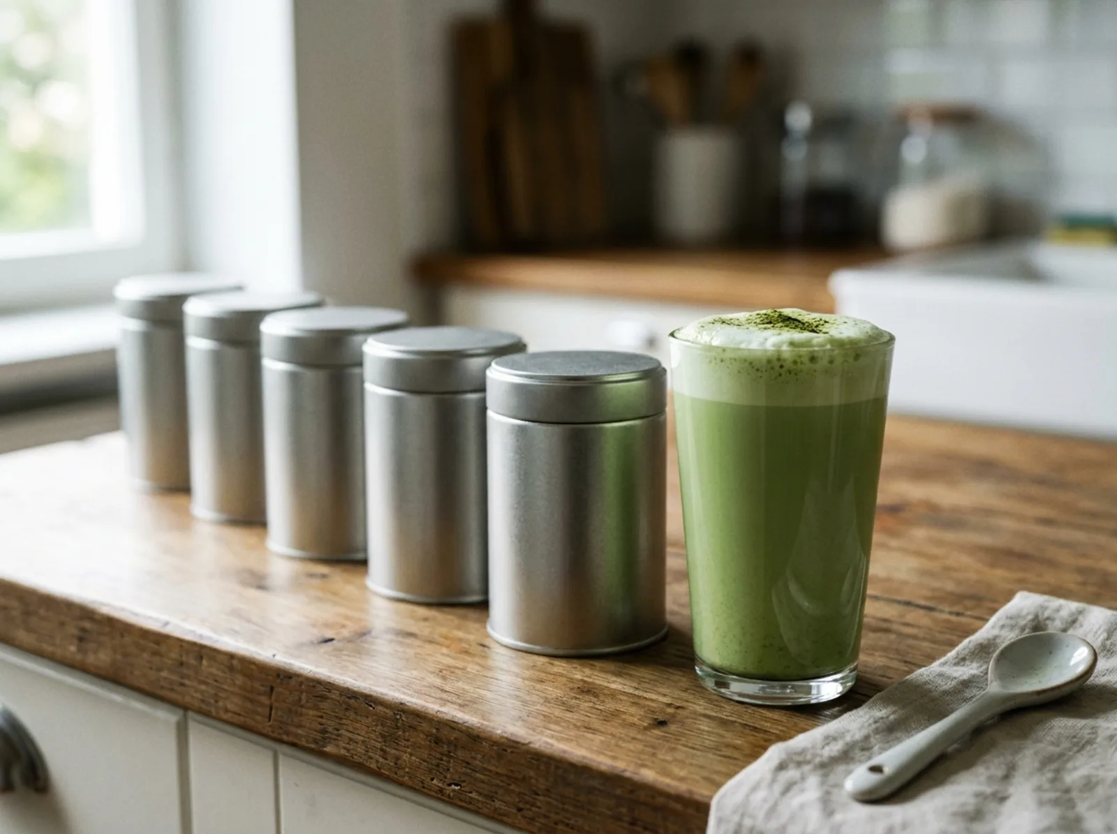 A row of latte-grade matcha tins lined up next to a tall frothy glass of green matcha latte