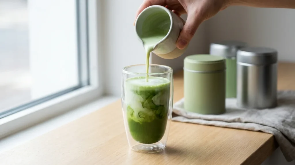 Creamy matcha latte being poured into a glass, with the best matcha for lattes tins on the counter behind it