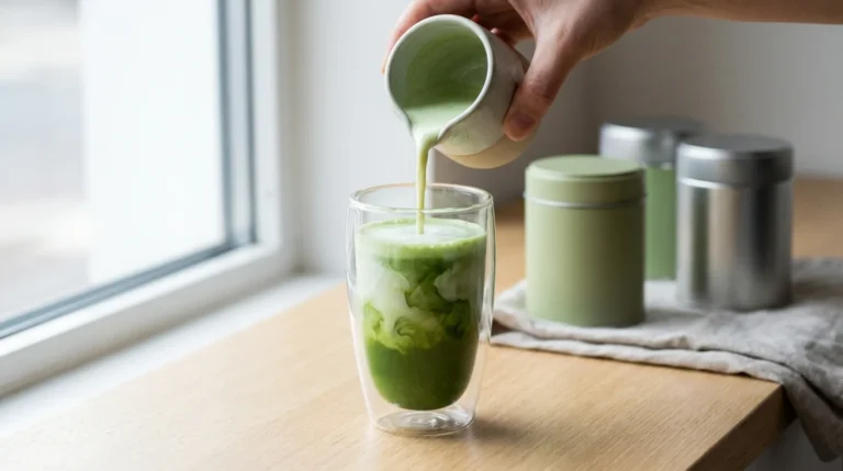 Creamy matcha latte being poured into a glass, with the best matcha for lattes tins on the counter behind it