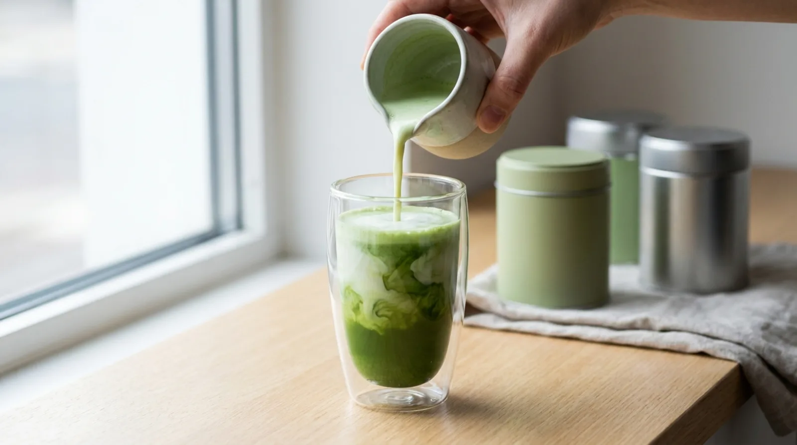Creamy matcha latte being poured into a glass, with the best matcha for lattes tins on the counter behind it