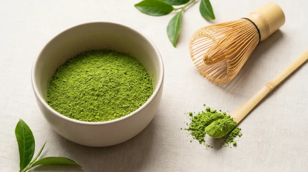 Overhead lineup of premium matcha tins next to a bowl of freshly whisked best matcha in vivid emerald green