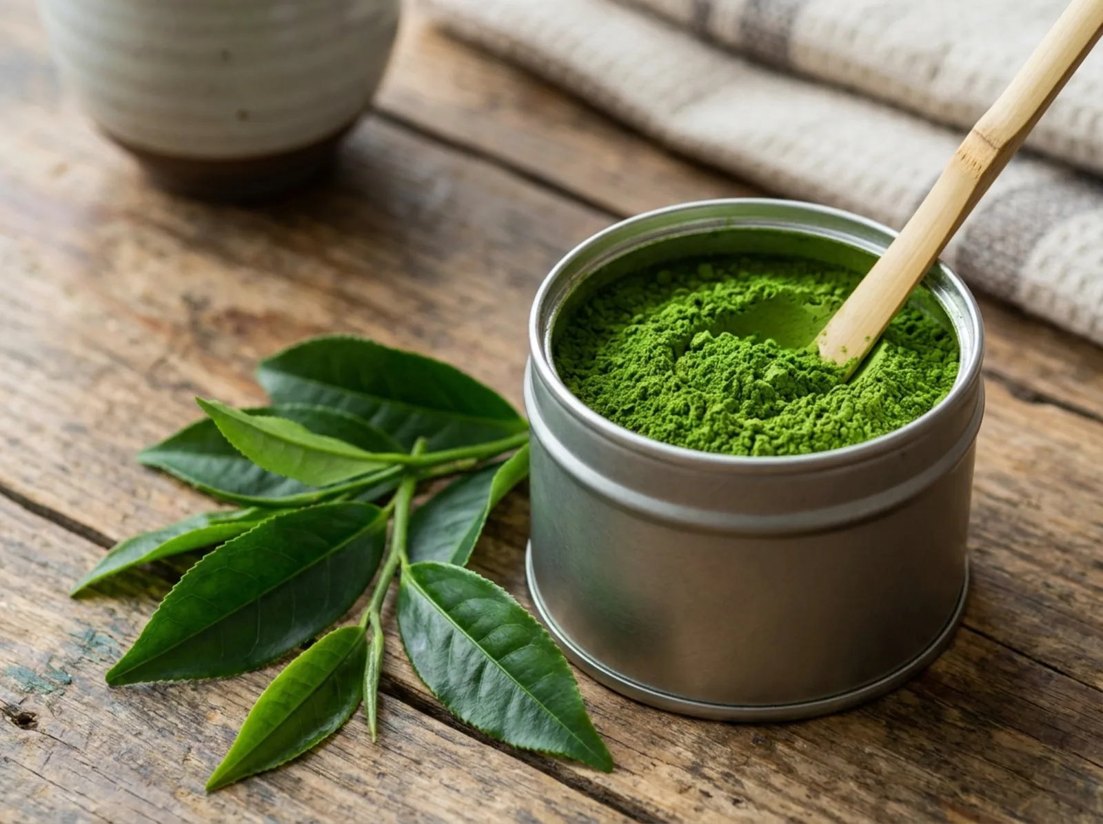First-harvest shade-grown tea leaves arranged beside an opened tin of bright green stone-milled matcha