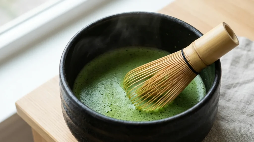 Vivid emerald ceremonial grade matcha whisked to a thick foam with a bamboo chasen in a black chawan