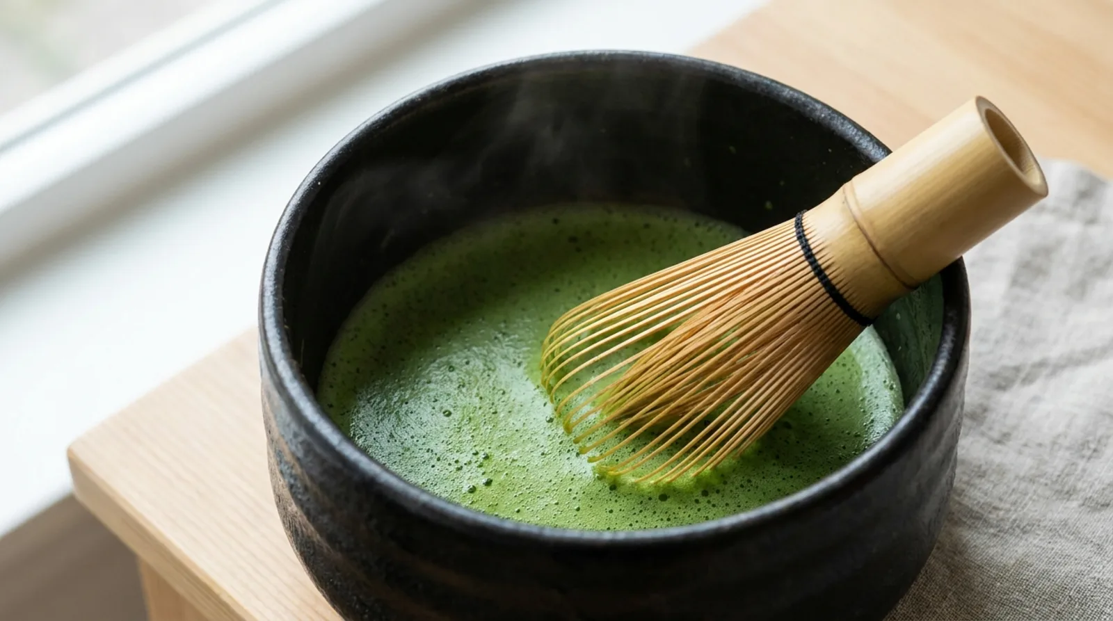 Vivid emerald ceremonial grade matcha whisked to a thick foam with a bamboo chasen in a black chawan