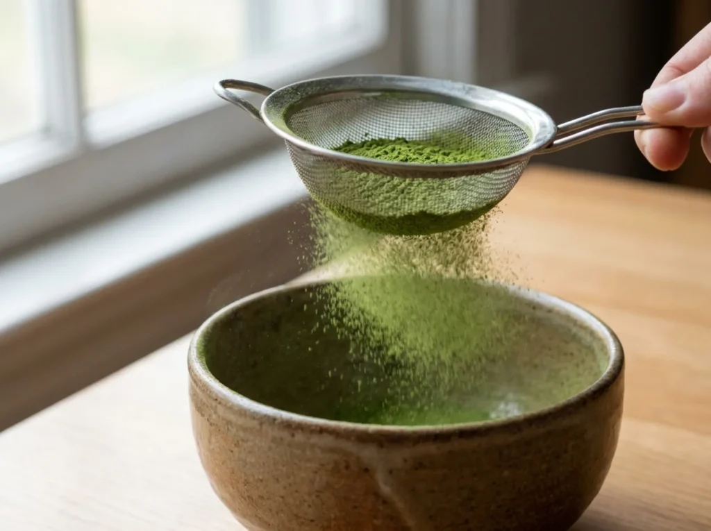 Fine baby-powder matcha being sifted through a strainer into a bowl in a soft cloud