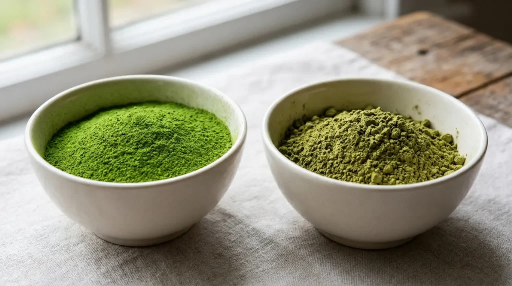 Vivid emerald high quality matcha next to dull olive low-grade powder in two white bowls
