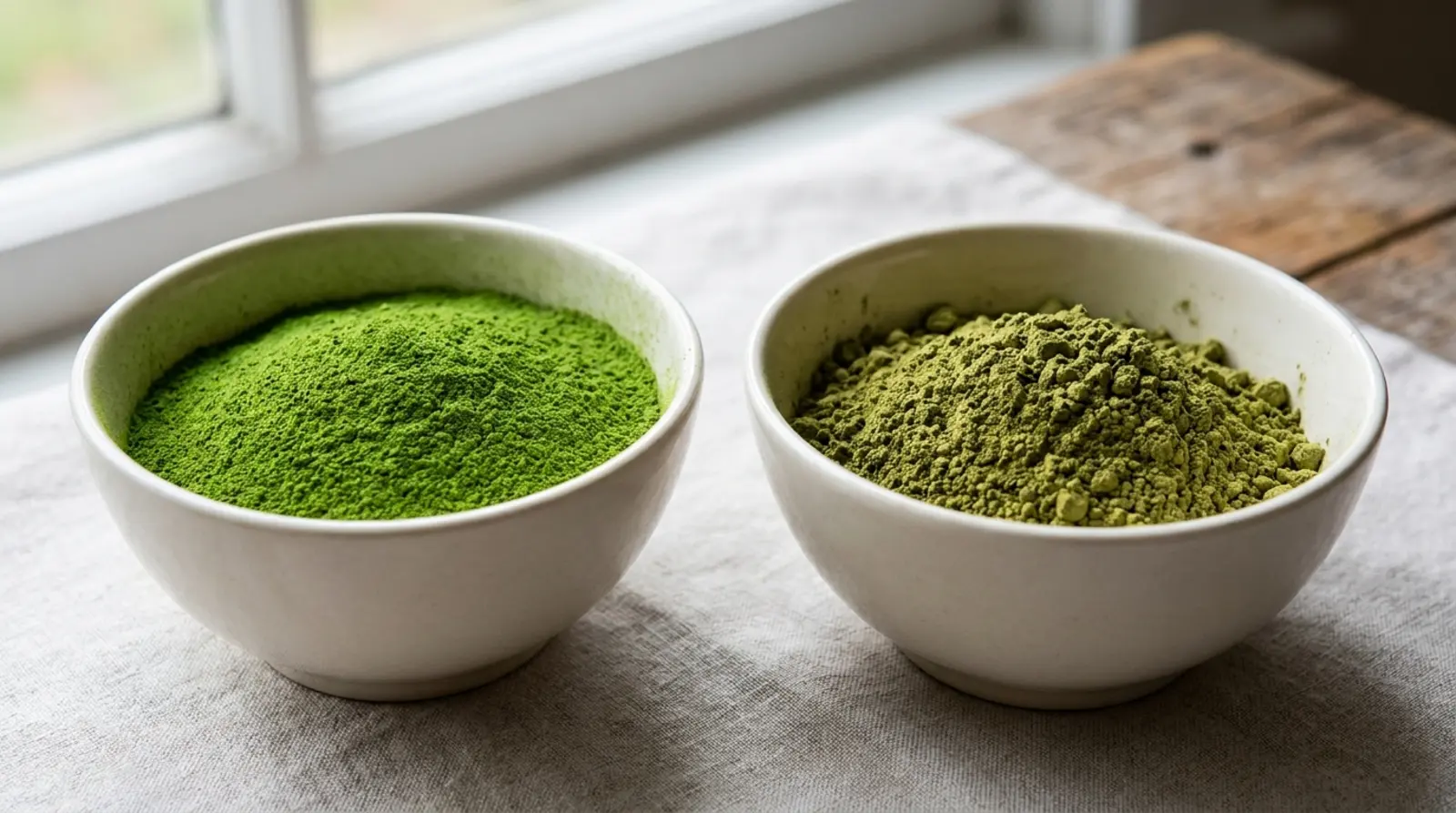Vivid emerald high quality matcha next to dull olive low-grade powder in two white bowls