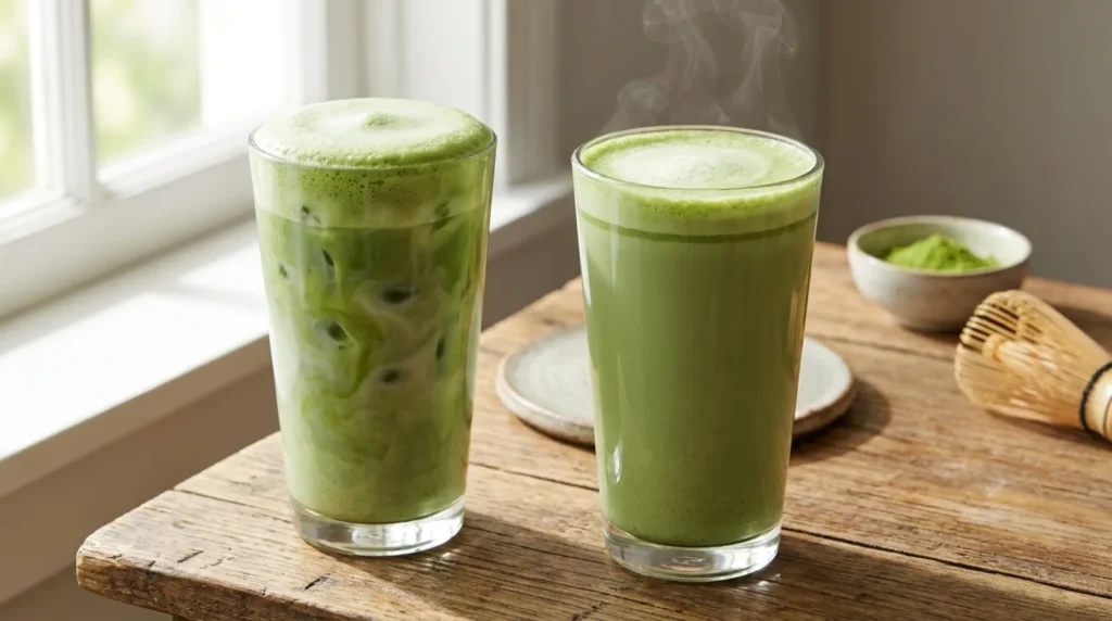 An iced matcha latte and a hot matcha latte side by side in tall glasses, each topped with green foam