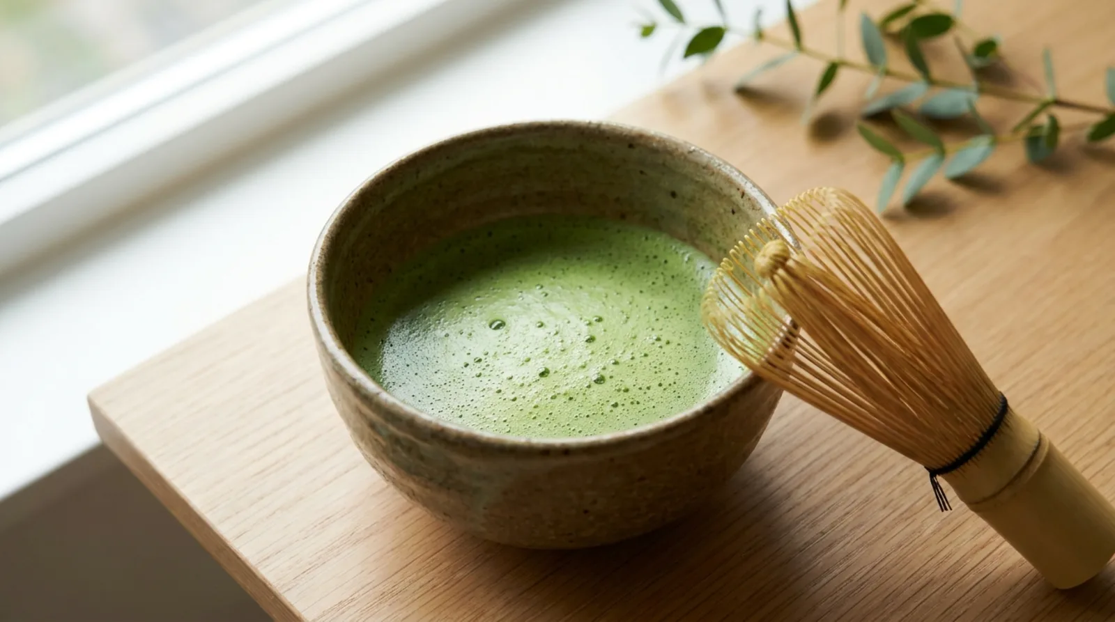 Bright green matcha caffeine drink whisked in a stoneware bowl, lit by soft morning window light