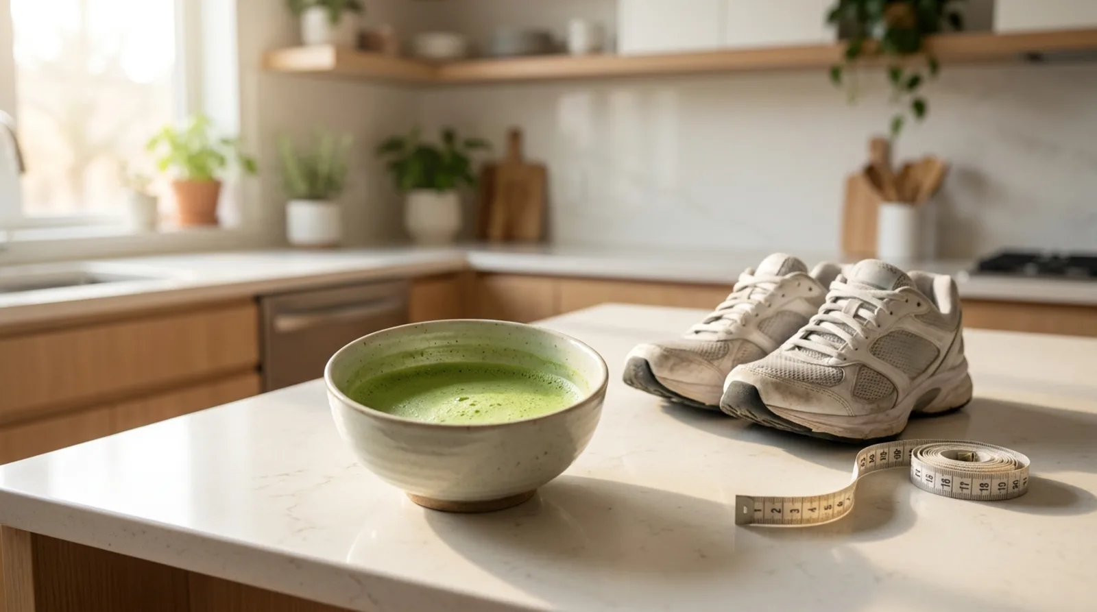 Whisked bowl of matcha for weight loss next to running shoes and a tape measure on a bright kitchen counter