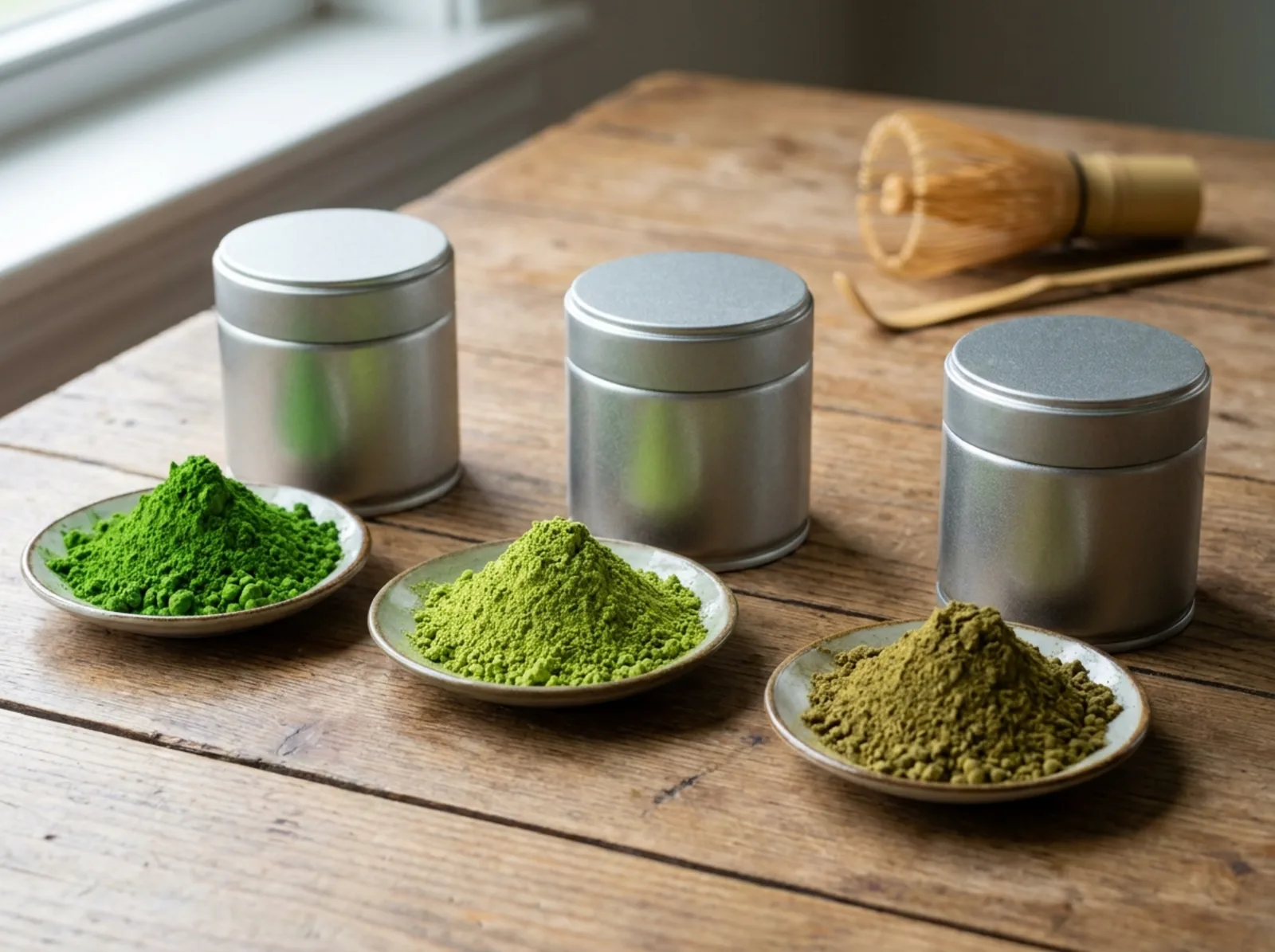 Side-by-side comparison of ceremonial, latte, and culinary matcha powders with their labelled tins, showing color and grind differences