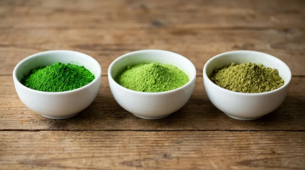 Three bowls of matcha showing the matcha grades, from vivid emerald ceremonial to bright latte green to olive culinary