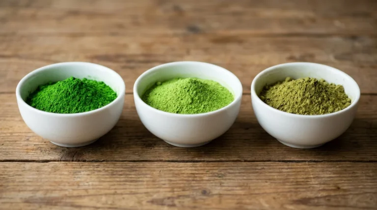 Three bowls of matcha showing the matcha grades, from vivid emerald ceremonial to bright latte green to olive culinary