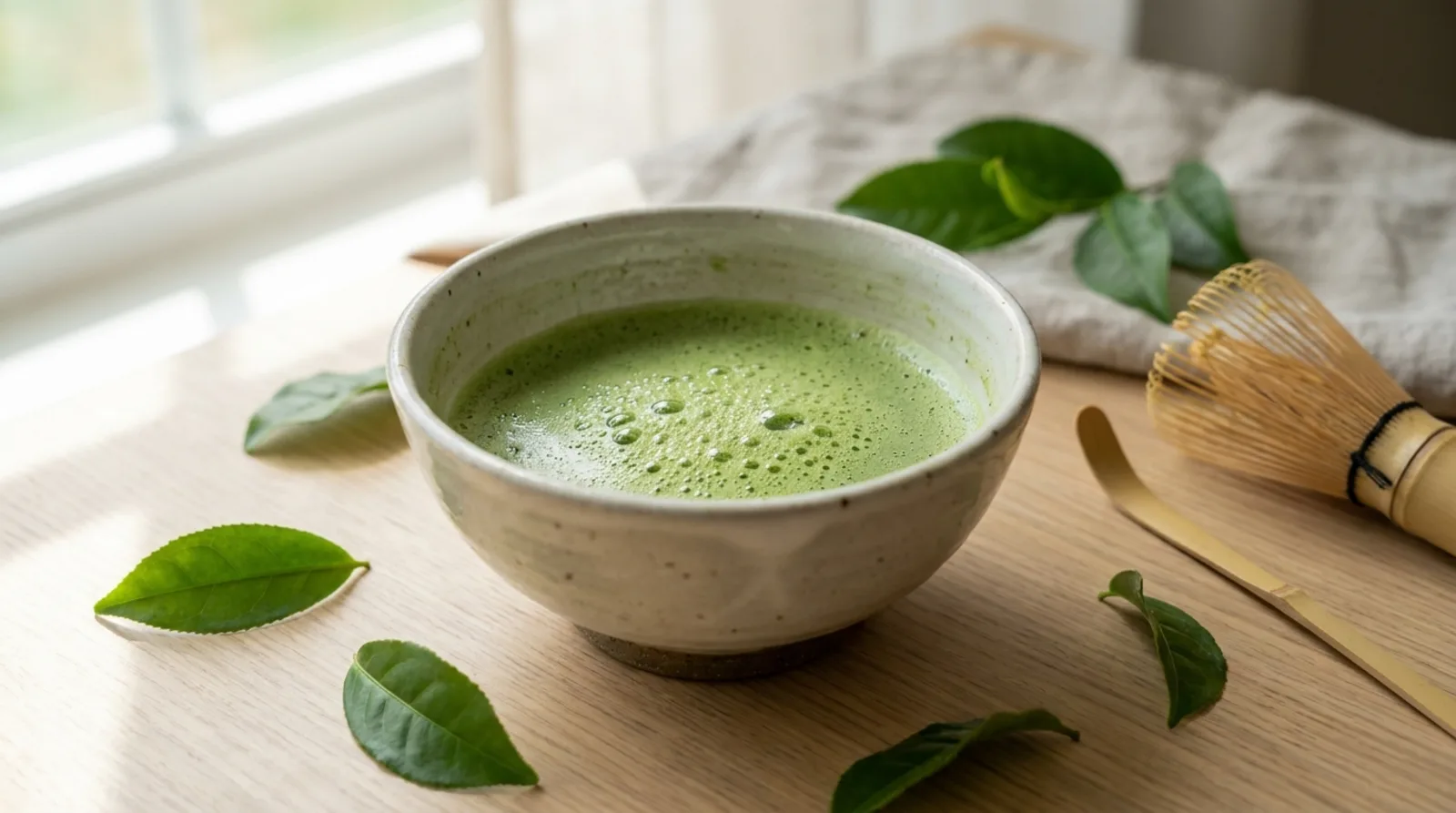 A bowl of whisked green matcha surrounded by fresh tea leaves, illustrating matcha health benefits