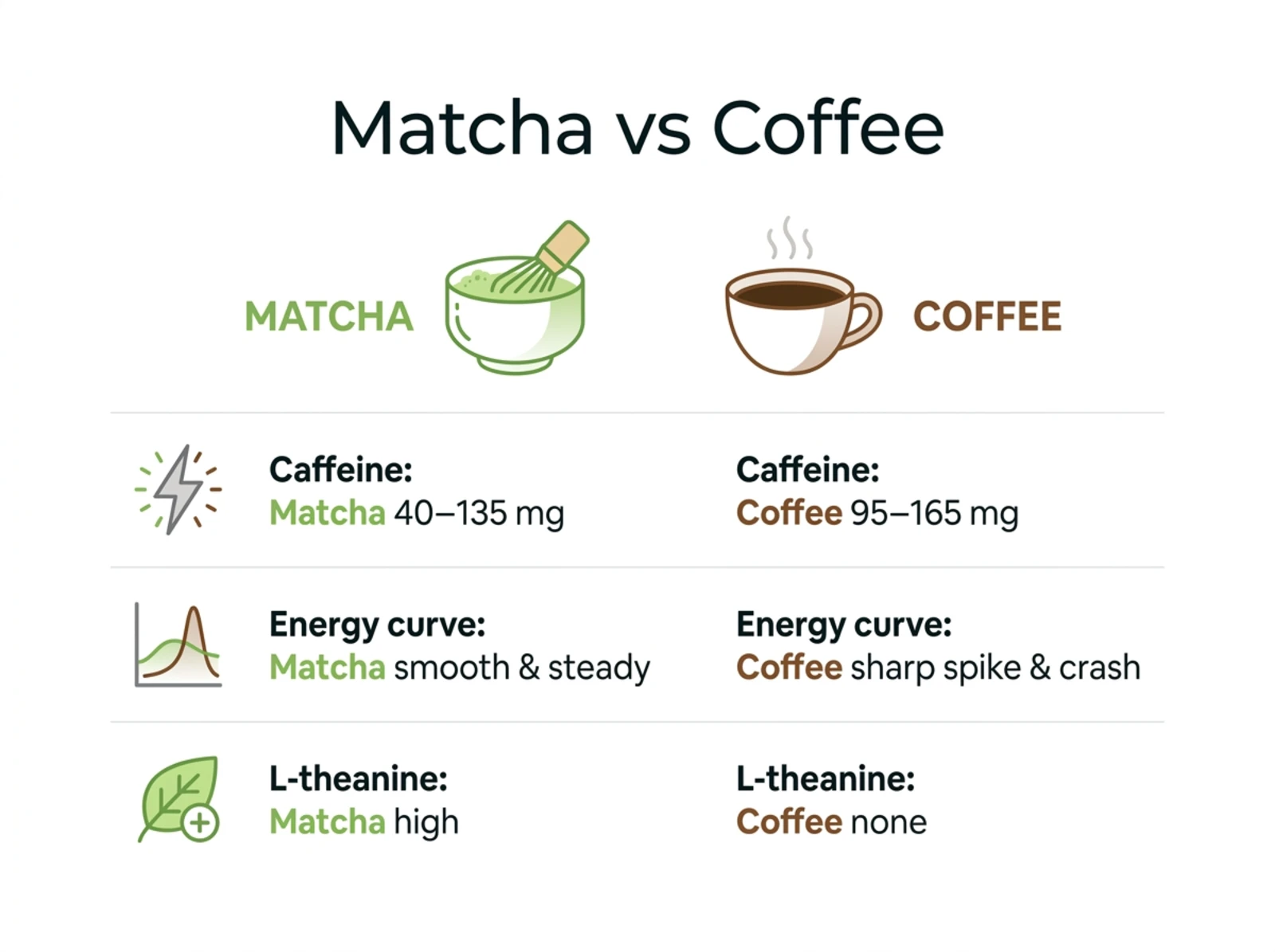 Side-by-side infographic comparing matcha and coffee on caffeine milligrams, energy curve shape, and L-theanine content