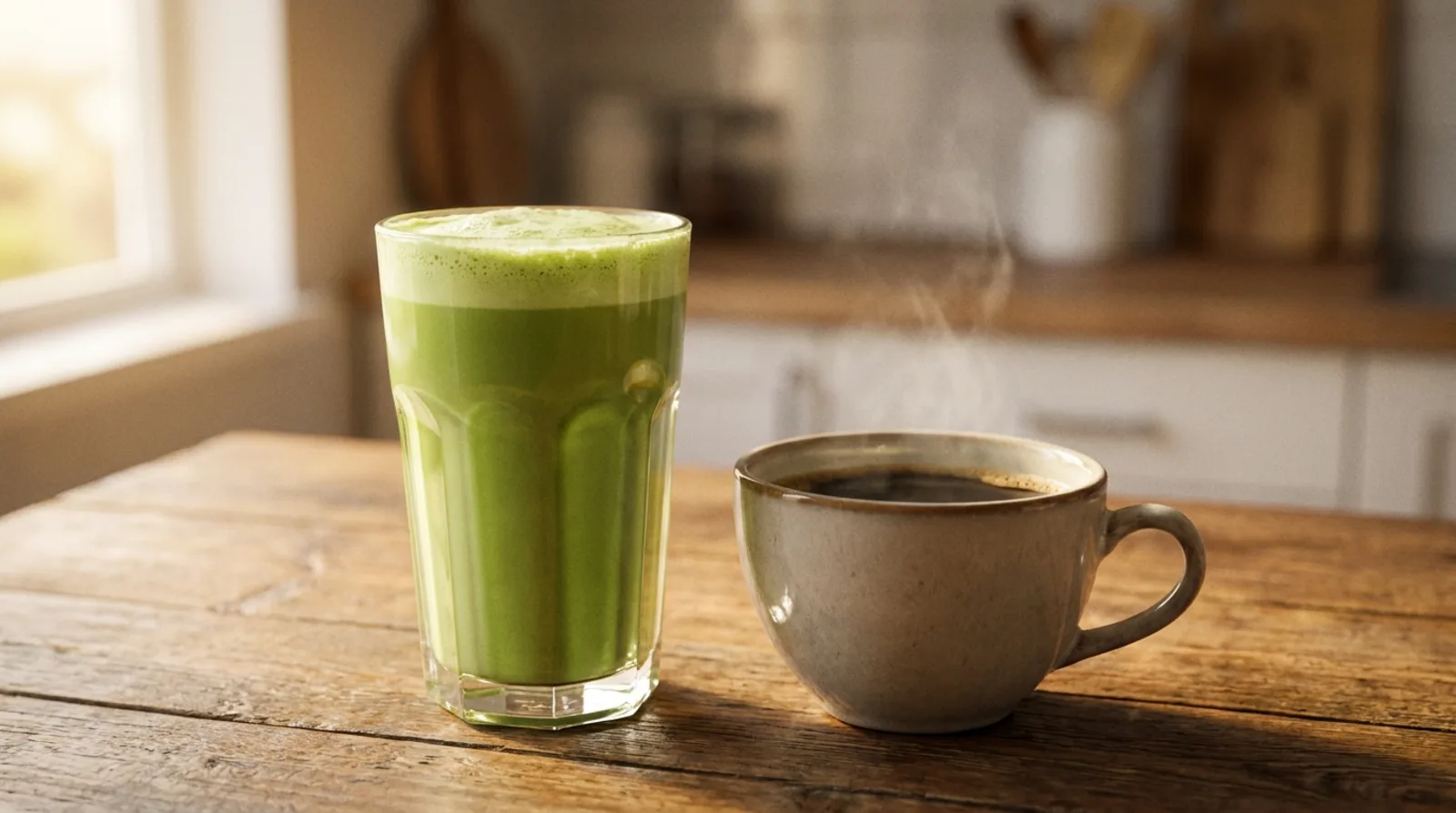 A glass of bright green whisked matcha beside a cup of black coffee on a wooden table, the matcha vs coffee comparison in one shot