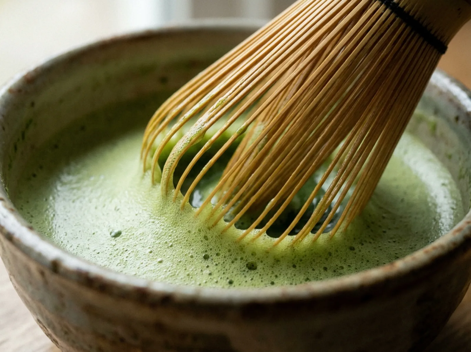Close-up of a bamboo chasen whisking bright green matcha in a W motion, building a layer of fine froth.