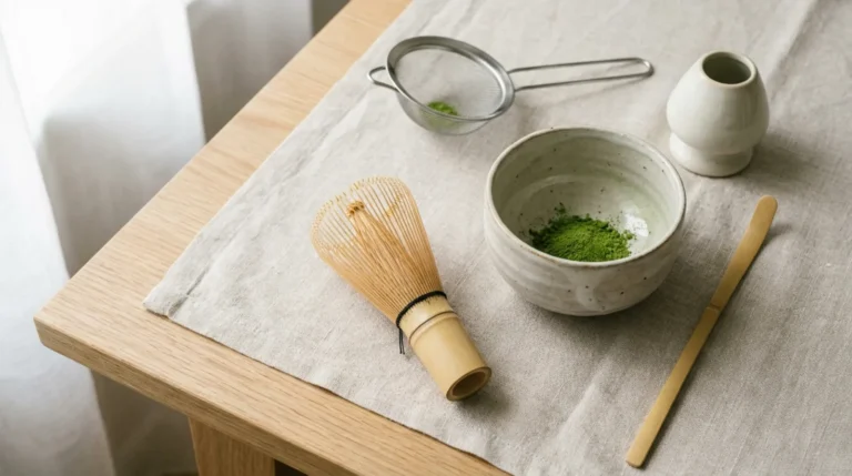 Flatlay of a matcha toolkit with a bamboo matcha whisk, chawan bowl, chashaku scoop, sifter, and whisk stand.
