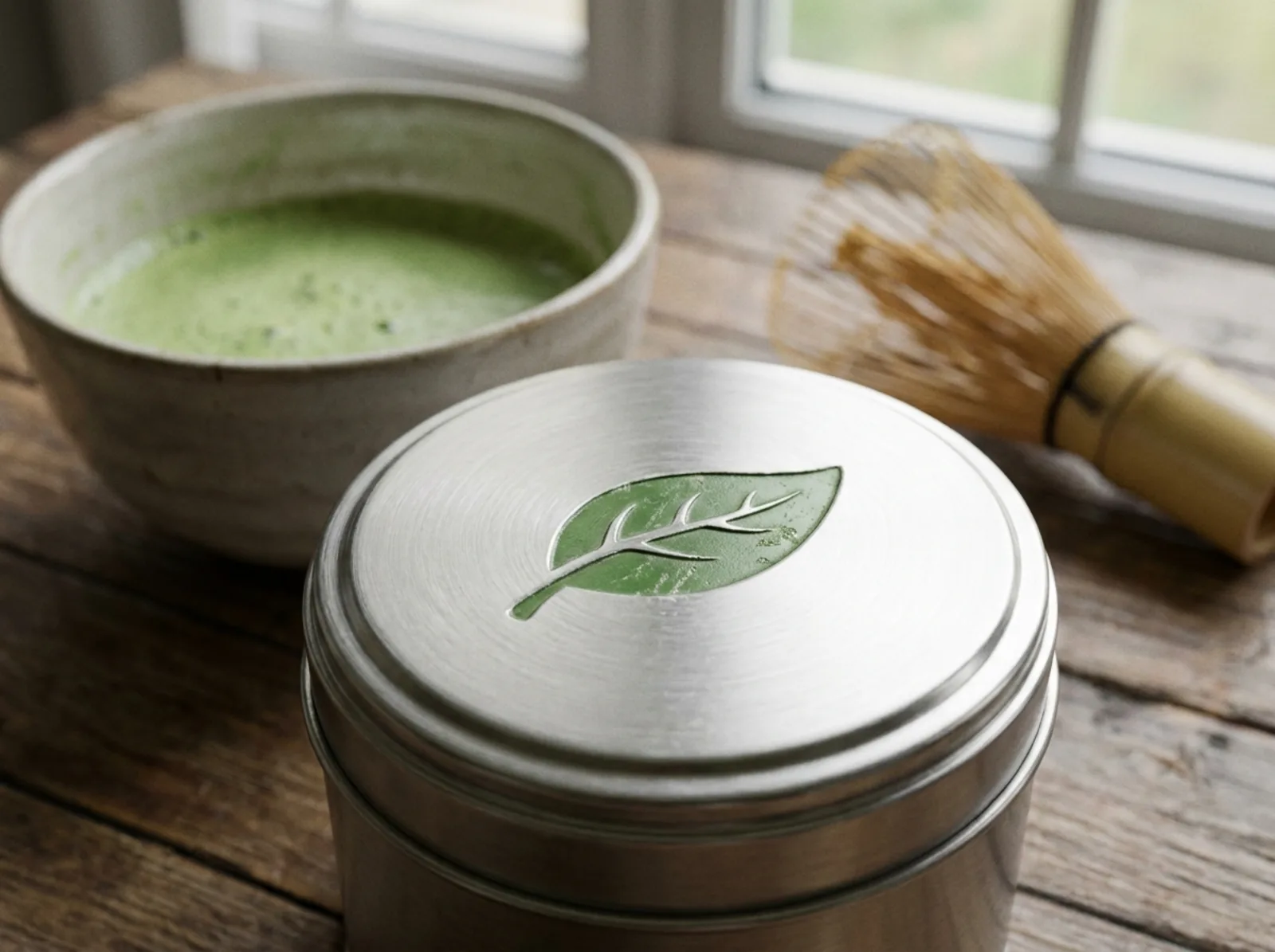 Close-up of a green USDA certified organic seal printed on a matcha tin lid