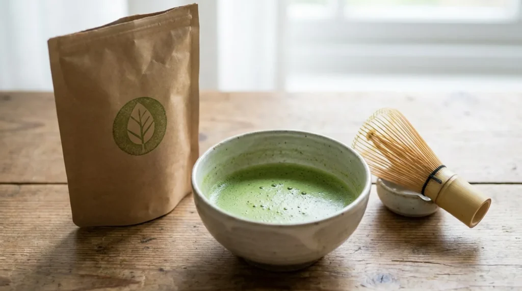 Bowl of whisked organic matcha beside a USDA and JAS certified pouch in soft daylight