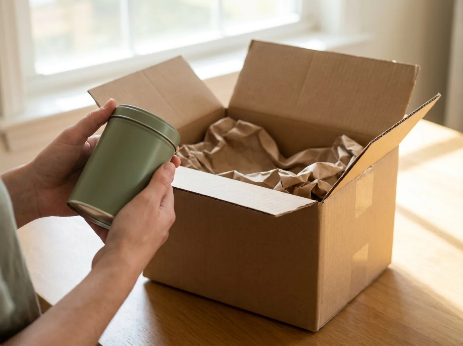 Hands holding a freshly delivered tin of matcha next to an open shipping box from Japan.