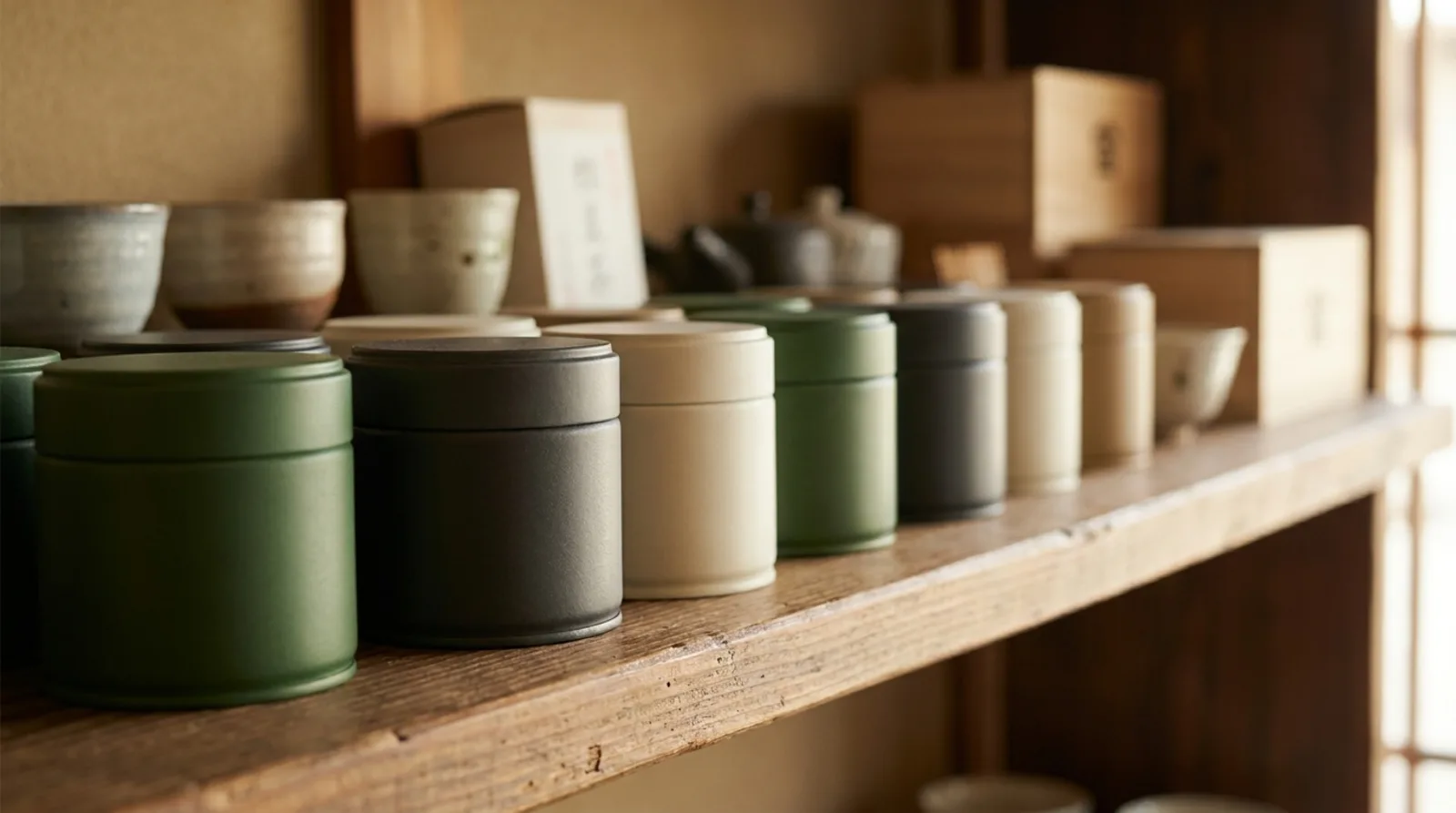 Knowing where to buy matcha starts here: authentic Japanese matcha tins from Ippodo, Marukyu Koyamaen, and Hibiki-an lined up on a shelf.