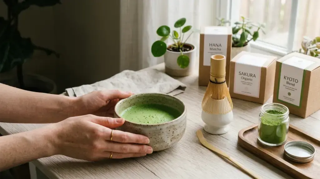 picture of a person with a matcha prepared in a bolw, a chasen and different matcha packages