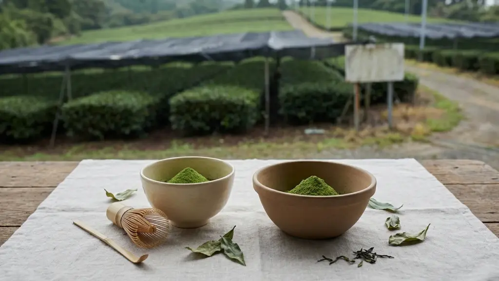 Shaded tea rows behind matcha powder presented in a ceramic tea bowl and a plain culinary mixing bowl.