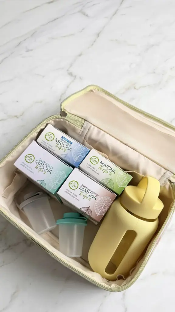 Open insulated bag holding four Aiya Matcha To Go boxes, cups, and a yellow bottle