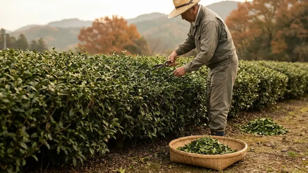 Autumn tea field with an evenly trimmed canopy and harvested leaves in a bamboo basket.