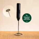 Black Anatae electric matcha whisk with metal coil head and magnified whisk attachment