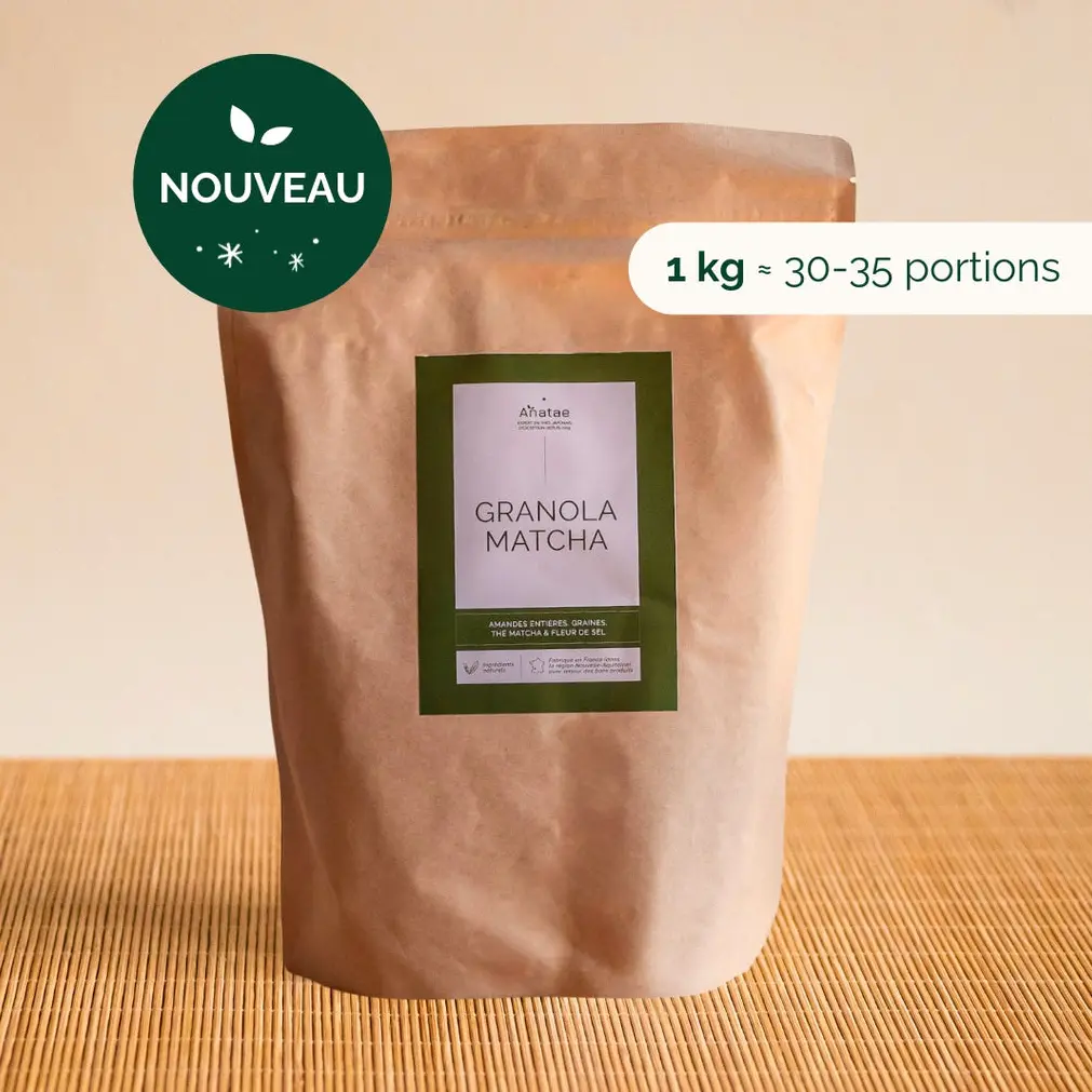 Brown Anatae Matcha Granola pouch labeled 1 kg and approximately 30 to 35 portions