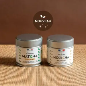 Anatae ceremonial matcha and powdered hojicha tins on a bamboo mat