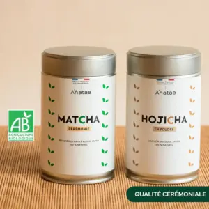 Anatae Ceremony Matcha and powdered Hojicha tins side by side
