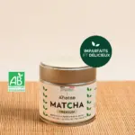 Anatae Premium Matcha tin on bamboo mat with French organic agriculture logo