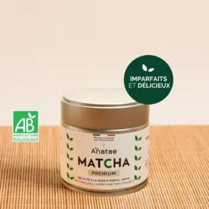 Anatae Premium Matcha tin on bamboo mat with French organic agriculture logo