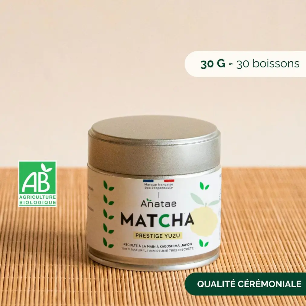 Anatae Prestige Yuzu Matcha 30 g tin on bamboo mat