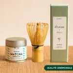 Anatae ceremonial matcha tin, bamboo whisk, and Serenity Japanese incense box on bamboo mat