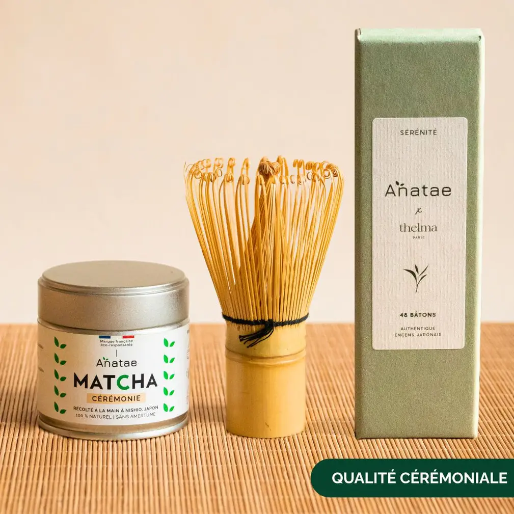 Anatae ceremonial matcha tin, bamboo whisk, and Serenity Japanese incense box on bamboo mat