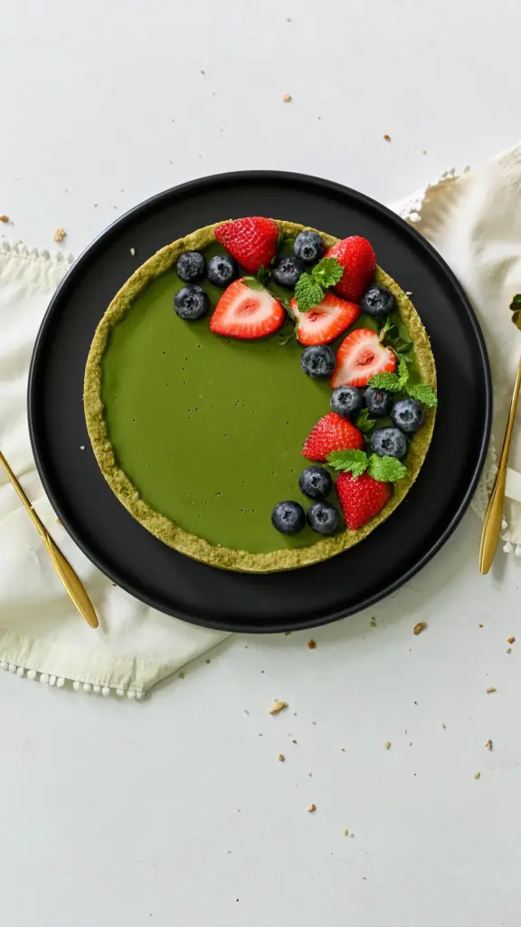 Green tart topped with strawberries, blueberries, and mint on a black plate