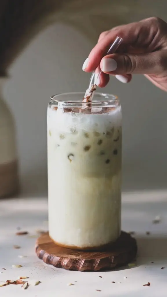 Hand stirring a pale green iced drink topped with foam and brown powder