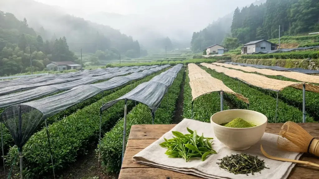 Shaded tea rows in a misty mountain valley with fresh leaves, dried tencha, and matcha powder in the foreground.