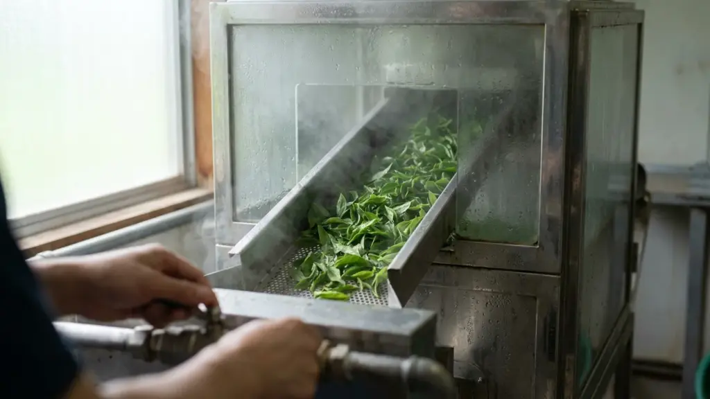 Fresh tea leaves passing through a light steaming chamber