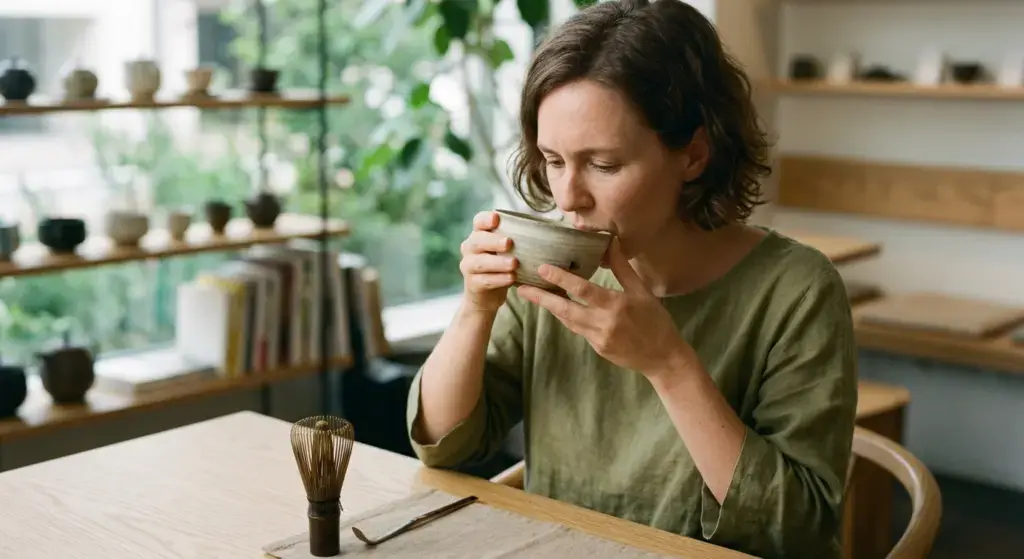 Woman tasting matcha prepared in a bowl