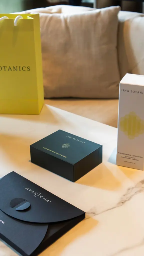 Black AVANTCHA envelopes beside Jing Botanics boxes and a bright yellow shopping bag